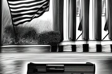 A black and white line drawing with a handgun in the foreground and an American flag in the background as well as a municipal building and an interpretation of a national monument