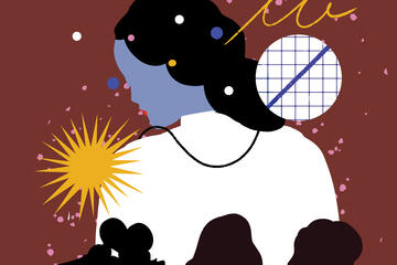 A cartoon of a woman in a doctor's coat; in front of her are silhouettes of people kissing--a nod to the drama of the Real World--and two other people just standing