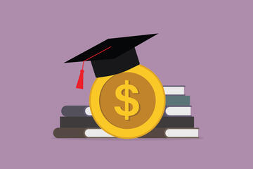 A mortarboard sits atop a stack of books and a large coin with a dollar sign.