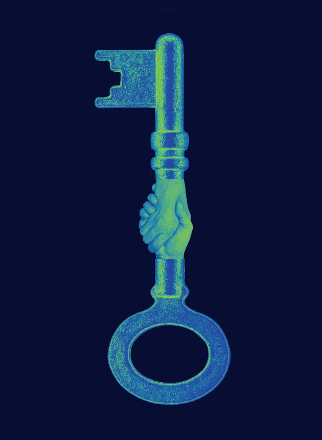Digital-style illustration of a key. Incorporated within the key is an image of two hands shaking.